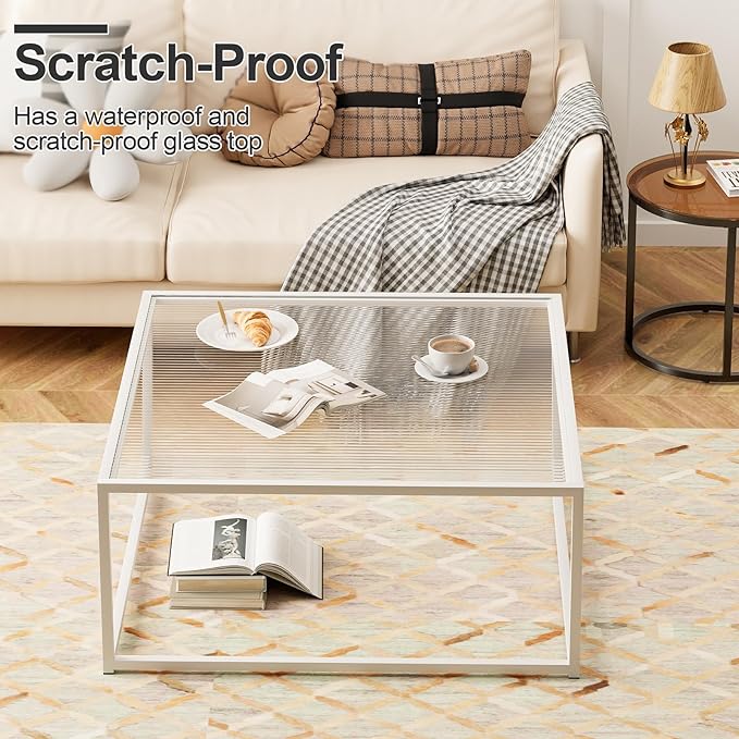 Glass Coffee Table Square Coffee Table for Small Space,Modern Minimalist Center Table for Living Room Home Office,Tempered Glass-top with Sturdy Metal Frame,Easy Assembly,27 x 27In, White