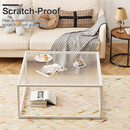 Glass Coffee Table Square Coffee Table for Small Space,Modern Minimalist Center Table for Living Room Home Office,Tempered Glass-top with Sturdy Metal Frame,Easy Assembly,27 x 27In, White