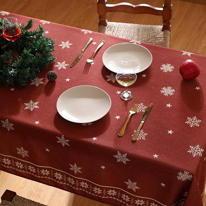 Designer Christmas Red Long Rectangular Tablecloth,Linen Table Cloth with Snowflakes Pattern,Wrinkle Resistant Decor Tablecloths for Dining Kitchen Thanksgiving Christmas,63"*102"-Carol C