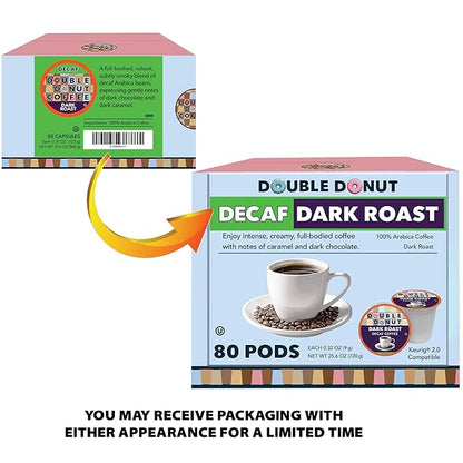 Double Donut Decaf Dark Roast Coffee Pods, Extra Bold Blend Coffee, Single Serve Coffee For Keurig K Cups Machines, Decaf Dark Roast Coffee in Recyclable Pods, 80 Count
