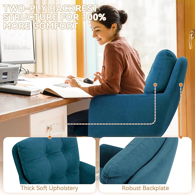 Flannel Office Chair, Comfy Home Office Desk Chairs with Lumbar Support, Modern Velvet Desk Chair Gold Legs Small Swivel Task Chair for Home Office, Bedroom, Study (Blue, XL)