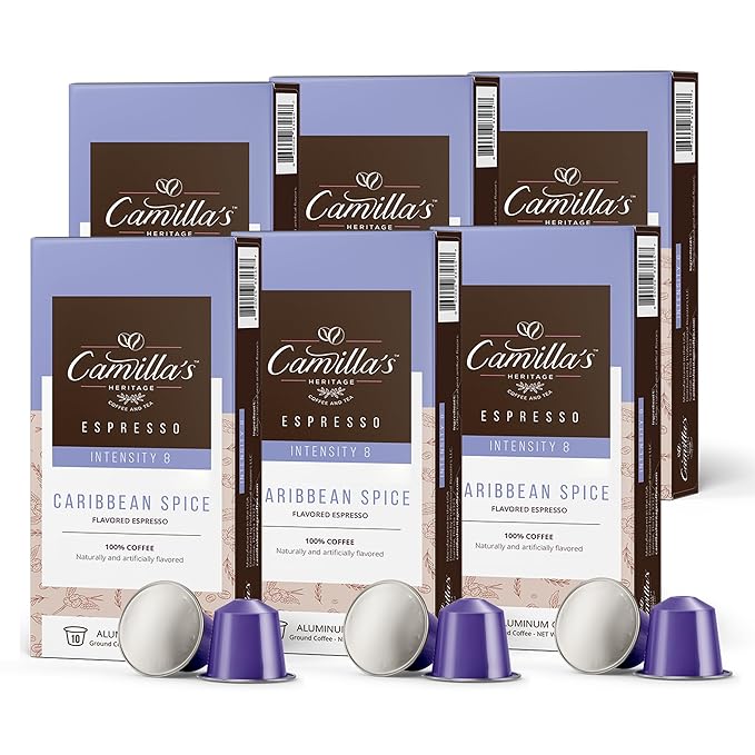 Camilla’s Heritage - Intensity 8 Caribbean Spice Flavored Espresso Coffee, Gourmet Espresso Cups, 60 Coffee Pods