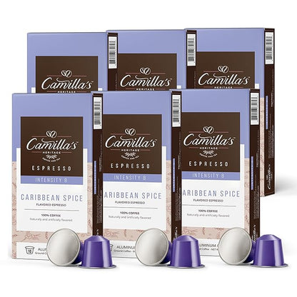 Camilla’s Heritage - Intensity 8 Caribbean Spice Flavored Espresso Coffee, Gourmet Espresso Cups, 60 Coffee Pods