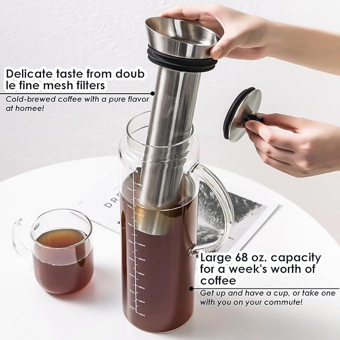 Aquach 68 Oz Cold Brew Coffee & Iced Tea Maker – Airtight Lid for Freshness Up to 2 Weeks, Dishwasher Safe