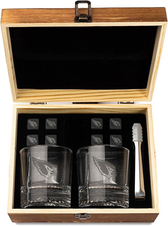 The Memory Company Officially Licensed NFL Wood Boxed Drinkware Set - 2 Premium Rocks Glasses with Laser-Etched Team Logo & Reusable Cooling Cubes, Whiskey & Cocktail Gift Set for Football Fans