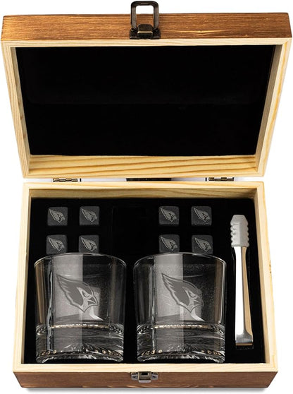 The Memory Company Officially Licensed NFL Wood Boxed Drinkware Set - 2 Premium Rocks Glasses with Laser-Etched Team Logo & Reusable Cooling Cubes, Whiskey & Cocktail Gift Set for Football Fans
