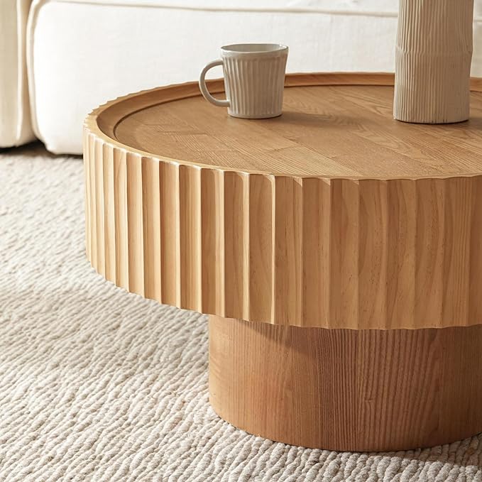 Round Coffee Table, Modern Living Room Tables with Mushroom Shape and Grooved Design, Circle Accent Pinewood Center Table for Living Room, Apartment (Nature Wood, 31.8''L×14.9''H)