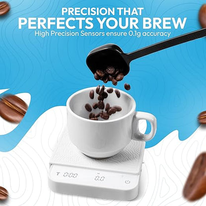 Mini Coffee Scale with Timer – Digital Barista Weight Scale with Designer-Patterned Tamper Mat, 0.1g High Precision, Portable & Rechargeable for Espresso, Pour Over, Drip, and Kitchen Brewing Use
