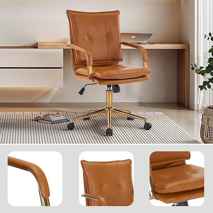 MOJAY Mid-Back Ergonomic Leather Office Chair, Modern Upholstered Executive Desk Chair with Gold Frame Armrest Computer Task Chair (Camel)