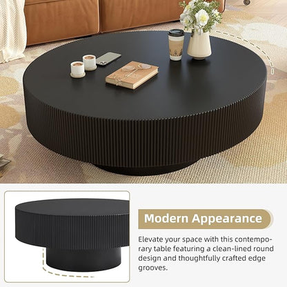 31.5 Inch Round Drum Coffee Table, Modern Handcraft Fluted Drum Coffee Table, Wooden Round Coffee Table Center Table Cocktail Table with Stable Pedestal for Living Room Apartment (Black)