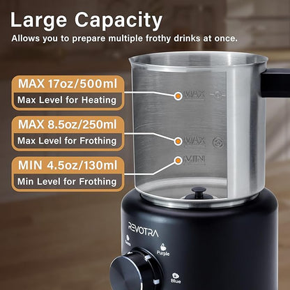 Milk Frother and Steamer, 500ml 4-in-1 Electric Foam Maker with Dial Control & LED Indicator, Hot & Cold Milk Frother, Non-Stick Stainless Steel, Silent, Easy to Clean, for Coffee, Latte, Cappuccino