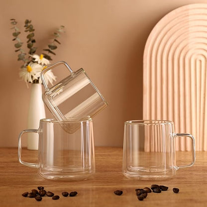 CNGLASS 15.2oz Glass Coffee Mugs,Double Wall Insulated Glass Mugs with Handle,Clear Espresso Mugs for Latte,Cappuccino,Tea Bag,Set of 2