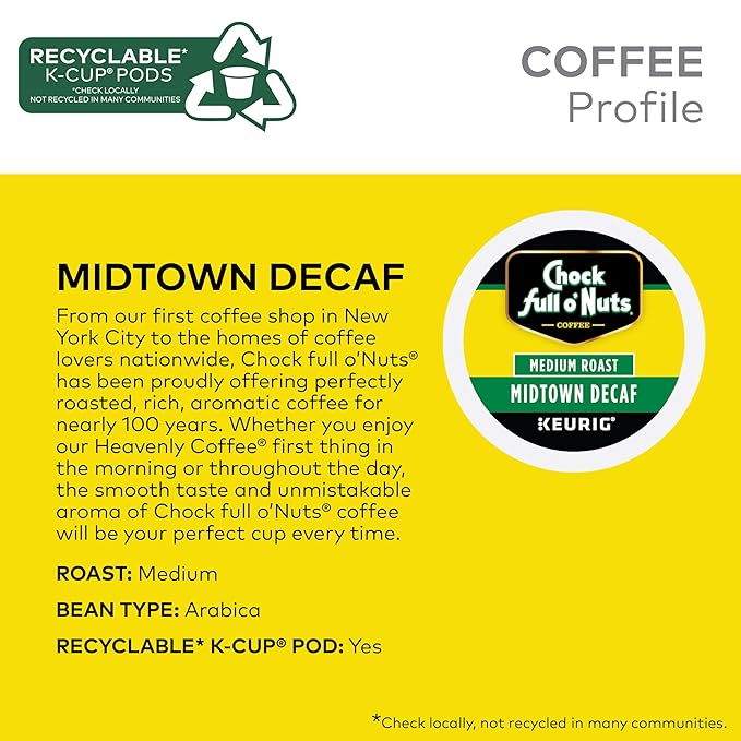 Chock full o’Nuts Midtown Decaf Keurig K-Cup Pods for Keurig Brewers – Premium Arabica, Medium Roast – Single Serve – 6 Packs of 12 K-Cup Pods