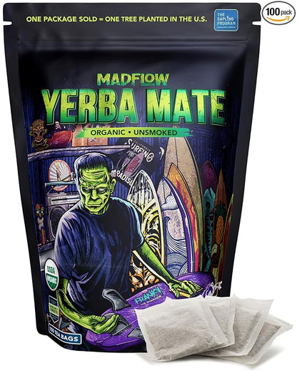 MADFLOW Yerba Mate Tea Bags (100 Mate Tea Bags). Organic & Unsmoked. Resealable Packaging. Alternative to Yerba Mate Loose Leaf.