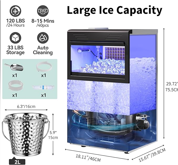 YITAHOME 120lbs Ice Maker Machine Commercial Under Counter Ice Maker, ETL & DOE Certificated Commercial Large Ice Makers Freestanding for Home Cafe Bar Restaurant 40pcs with 33lbs Storage Bin