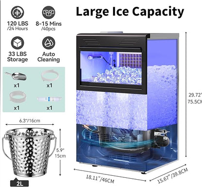 YITAHOME 120lbs Ice Maker Machine Commercial Under Counter Ice Maker, ETL & DOE Certificated Commercial Large Ice Makers Freestanding for Home Cafe Bar Restaurant 40pcs with 33lbs Storage Bin