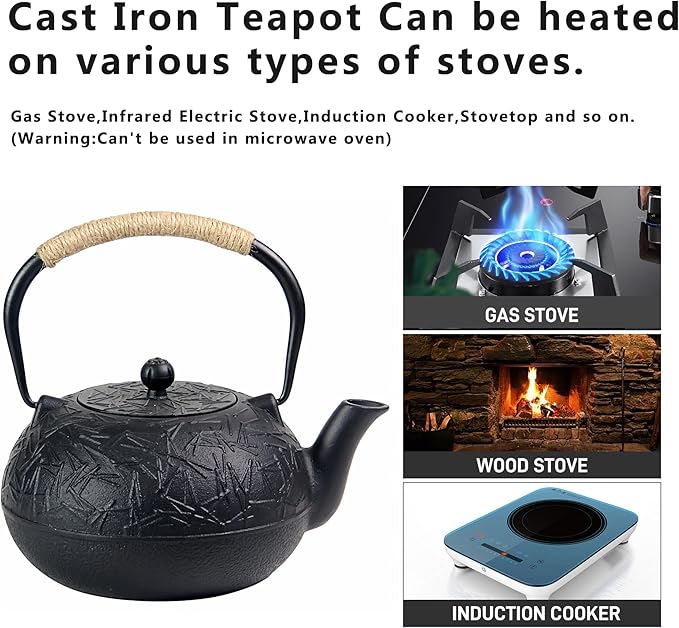 60.9oz YJX Cast Iron Teapot, Japanese Tetsubin Tea Kettle for Stovetop Safe, Cast Iron Tea Pot with Infuser for Loose Leaf, Black Kettle Teapot, Good Gift For Tea Lovers(1800ml)