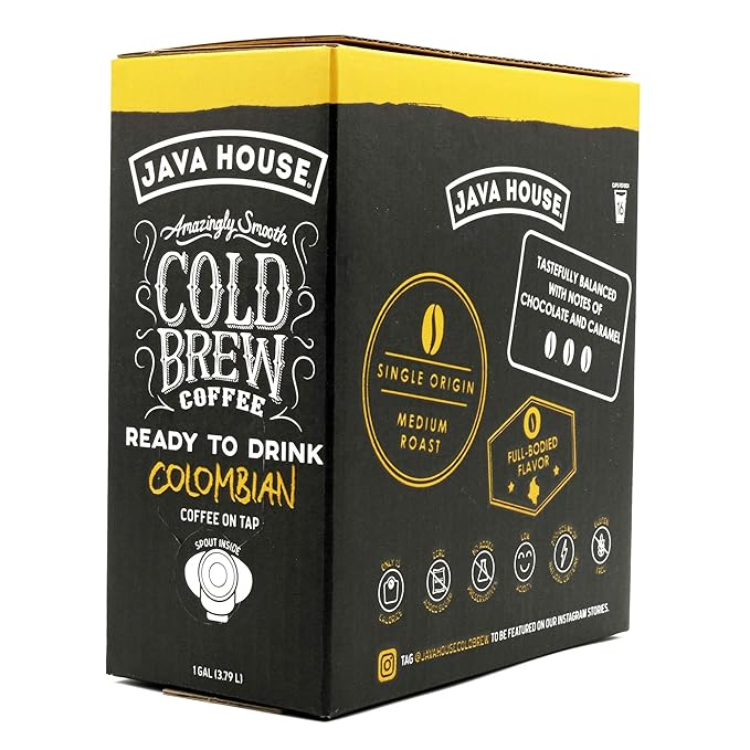 Java House Cold Brew Coffee on Tap – Premium 100% Arabica Medium Roast – Smooth Colombian Flavor with Chocolate & Caramel Notes – 1 Gallon Box (16 Servings) – Ready to Drink, No Brewing Required, Fridge-Friendly
