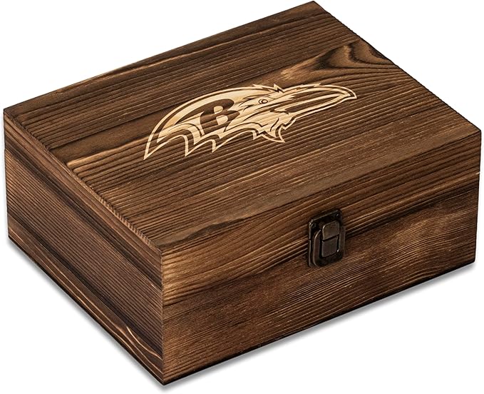The Memory Company Officially Licensed NFL Wood Boxed Drinkware Set, with 2 Rocks Glasses and Cooling Cubes, Baltimore Ravens