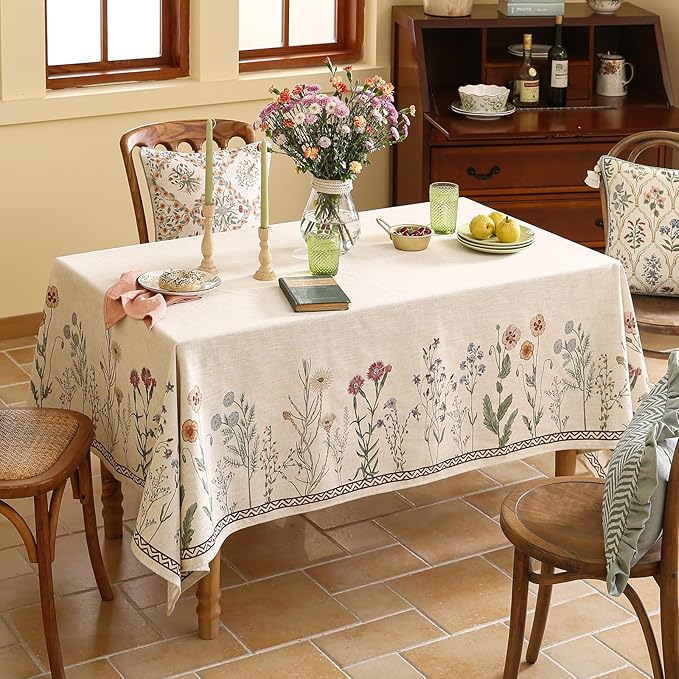 Designer Off White Linen Long Rectangle Tablecloth,Floral Elegant Table Cloth,Stain Resistant Vintage Decor Tablecloths for Dining Thanksgiving Kitchen Christmas,63"*102"-Serenity G