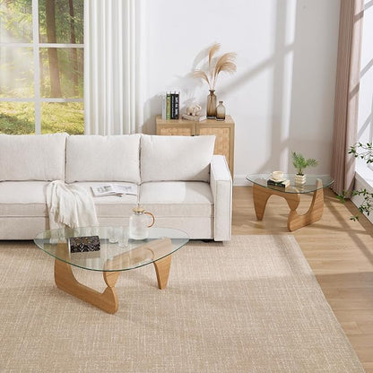 Modern Noguchi Coffee Table, Triangle Coffee Table with Tempered Glass Modern Vintage Glass Tea Table Wood Glass Accent Center Table for Living Room, 22.5"x32.5"x16", Log Transparent