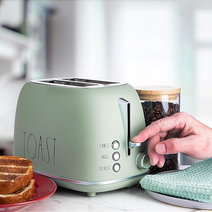 Rae Dunn Retro Rounded Bread Toaster, 2 Slice Stainless Steel Toaster with Removable Crumb Tray, Wide Slot with 6 Browning Levels, Bagel, Defrost and Cancel Options, Sage