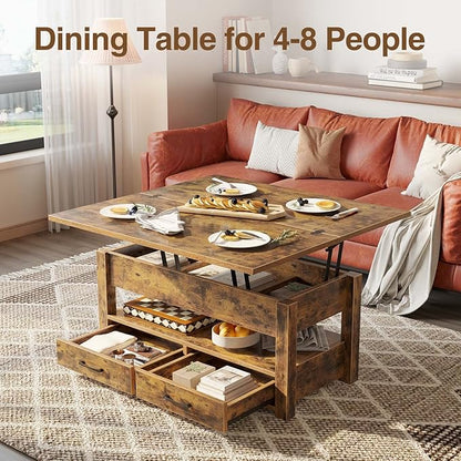 Rolanstar Coffee Table Lift Top, Multi-Function Convertible Coffee Table with Drawers and Hidden Compartment, Converts to Dining Table for Living Room, Home Office, Rustic Brown