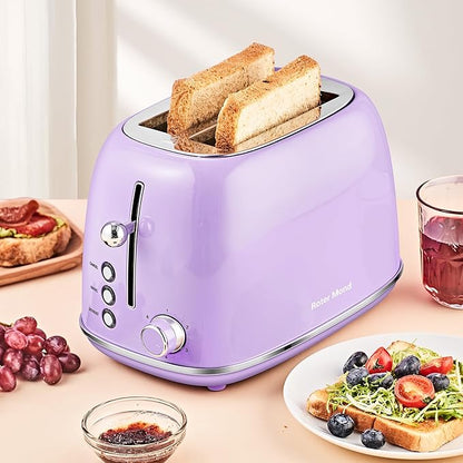 Roter Mond 2 Slice Toaster Retro Stainless Steel with Bagel, Cancel, and Defrost Functions, 6 Bread Shade Settings, Extra Wide Slots and Removable Crumb Tray, Lavender-Purple