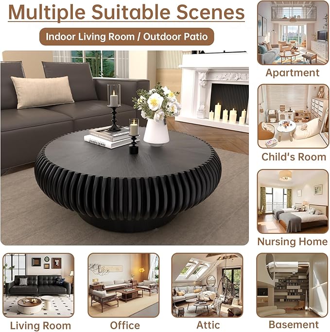 Round Coffee Table 31.4" Modern Black Fluted Coffee Table Low Round Drum Pedestal Coffee Tables for Living Room Farmhouse (Black 31.4in)