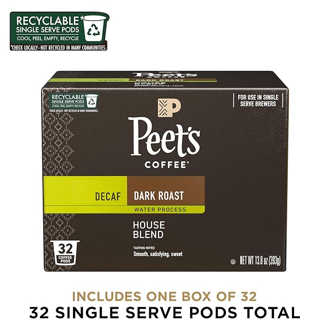 Peet's Coffee, Dark Roast Decaf Single Serve Coffee Pods - Decaf House Blend 32 Count (1 Box of 32 Pods)