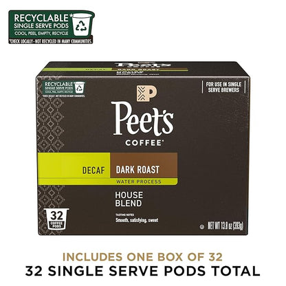 Peet's Coffee, Dark Roast Decaf Single Serve Coffee Pods - Decaf House Blend 32 Count (1 Box of 32 Pods)