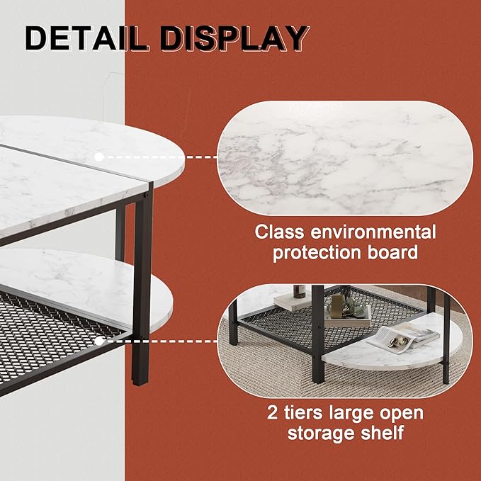 SENIG Oval Coffee Table with Faux Marble Top, 2-Tier Storage Shelf and Metal Frame, Living Room Center Table Modern, White Marble Finish