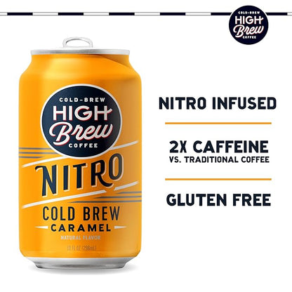 High Brew Coffee | Nitro Cold Brew | Sugar-Free and Dairy-Free, 200mg Natural Caffeine, Smooth Low-Acid Coffee Infused with Nitrogen, Ready-to-Drink | 10 oz Can (Caramel)