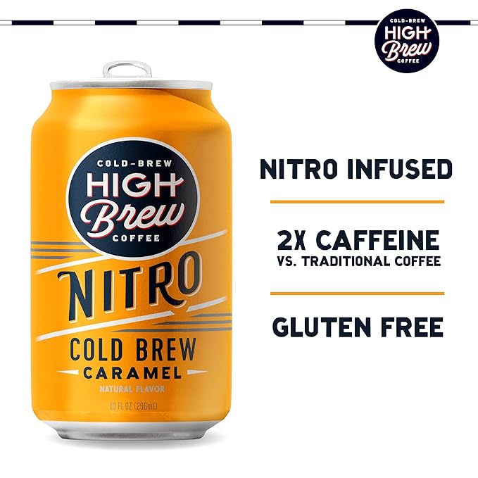 High Brew Coffee | Nitro Cold Brew | Sugar-Free and Dairy-Free, 200mg Natural Caffeine, Smooth Low-Acid Coffee Infused with Nitrogen, Ready-to-Drink | 10 oz Can (Caramel)