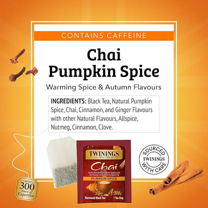 Twinings Pumpkin Spice Chai Black Tea Individually Wrapped Bags, 20 Count (Pack of 1), Warm, Spicy & Aromatic, Caffeinated, Enjoy Hot or Iced, 20 Teabags