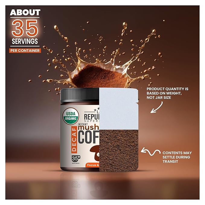 La Republica Organic Instant Mushroom Coffee (2.5oz) + Decaf (2.5oz) - 70 Servings with Coasters & Mixing Spoon - 100% Arabica with Lion's Mane, Reishi, Chaga, Cordyceps, Shiitake, Maitake, Turkey Tail