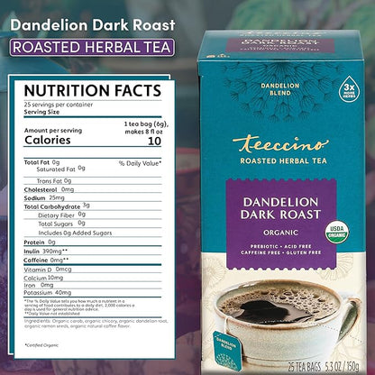 Teeccino Dandelion Herbal Tea - Dark Roast - 25 Tea Bags - Caffeine Free, Prebiotic, Gluten Free, 3x More Herbs