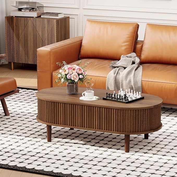 BREEZEHEAT Fluted Lift Top Coffee Table, 39" Mid Century Modern Coffee Table, Hidden Compartment & Fully Assembled Centre Table Oval Lift Tabletop for Living Room, Small Space, Home Office, Walnut