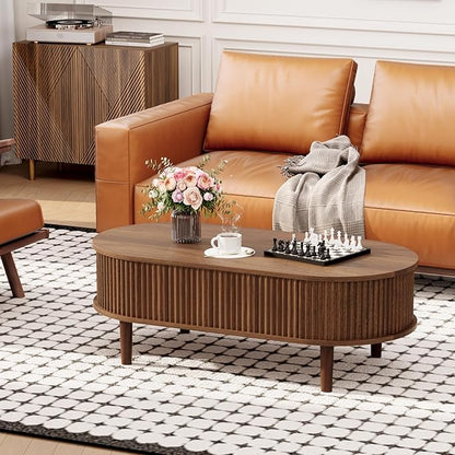 BREEZEHEAT Fluted Lift Top Coffee Table, 39" Mid Century Modern Coffee Table, Hidden Compartment & Fully Assembled Centre Table Oval Lift Tabletop for Living Room, Small Space, Home Office, Walnut