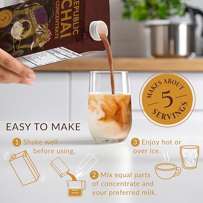 The Republic of Tea – Republic Chai Black Tea Concentrate, 6 Cartons – 32 fl oz (5 Servings), Chai Latte Mix, Naturally Caffeinated, Gluten Free