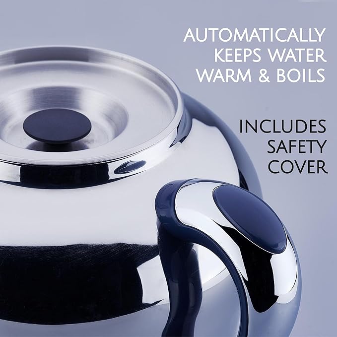 Korkmaz Hanedan A843-03 Stainless Steel Samovar, Upper Pot 1.3 L (43.9 Oz), Bottom Pot 3.5 L (118.3 Oz) Electric Turkish Tea Maker Set, Double Pots Tea Machine, Inox, Chrome, 110 V US Plug, 5.1- Quart