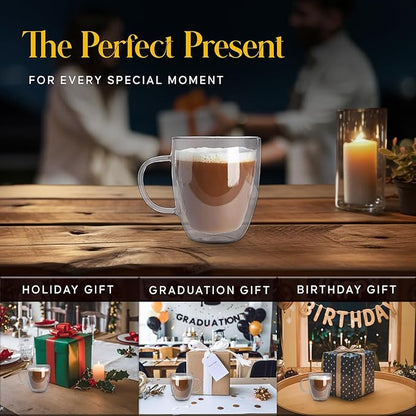 Kitchables Double Walled Glass Coffee Mugs Set of 2, 20oz Insulated Glass Coffee Mugs for Cappuccino, Latte, Tea, Espresso - Latte cup - Tazas Para Cafe