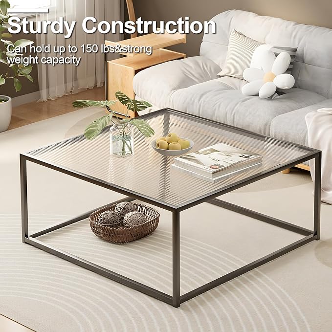 Glass Coffee Table Modern Center Table,Minimalist Coffee Table Sofa Side Tea Table for Living Room,Tempered Glass-top with Sturdy Metal Frame, Easy Assembly,26.4 x 26.4 x 15.7 Inches, Black