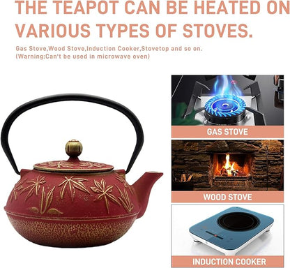 Cast Iron Teapot Tea Kettle with Stainless Steel Infuser for Stovetop Safe Coated with Enameled Interior Japanese Red Tetsubin with Maple Leaves Pattern(30.4oz/900ml)