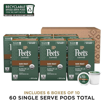 Peet's Coffee, USDA Organic Dark Roast Single Serve Coffee Pods - Alma de la Tierra 60 Count (6 Boxes of 10 Pods)