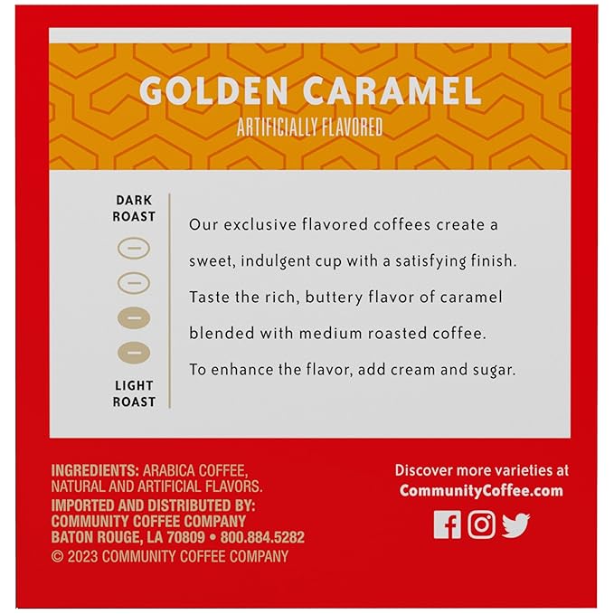 Community Coffee Golden Caramel Flavored Medium Roast Single Serve 12 Ct Box, Compatible with Keurig 2.0 K Cup Brewers, Medium Full Body Rich Creamy Taste, 100% Arabica Coffee Beans