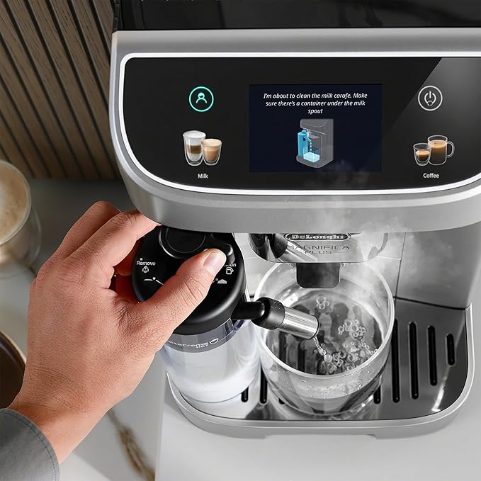De'Longhi Magnifica Plus Fully Automatic Espresso Machine - Brew 18+ One Touch Coffee Recipes for up to 4 User Profiles, Automatic Milk Steam Wand & Built-in Grinder, Touchscreen Display