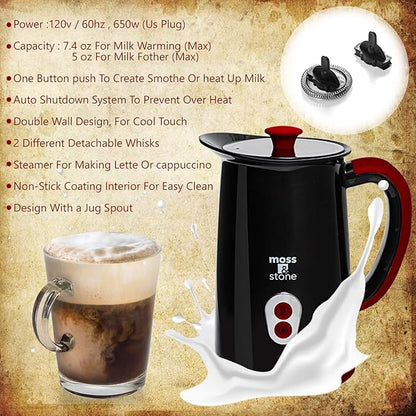 Moss & stone Electric Milk Frother & Steamer for Making Latte, Cappuccino, Hot Chocolate, Automatic Cold Hot Milk Frother & Warmer, Foam Maker, Auto Shut-Off, Detachable Base & Non-Stick Interior