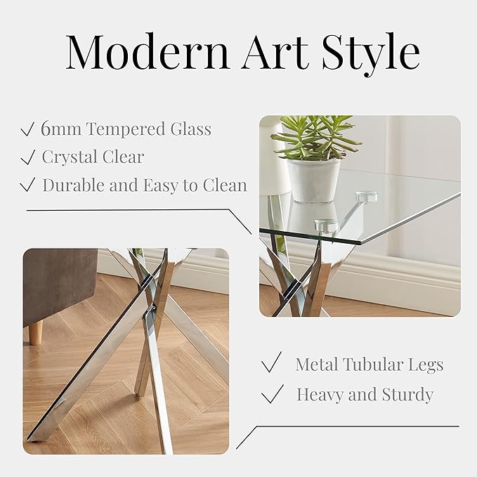 Modern Style Square Side Table with Tempered Glass Top and Metal Tubular Legs, Silver 20”Dx20”Wx22”H