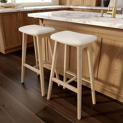 Plank+Beam Beryl Bar Height Stool - Mid-Century Modern Rubberwood Bar Stool with Faux Leather Seat, Metal Footrest, Easy Assembly, 2-Pack, Blonde/Sesame